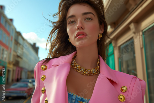 A young woman in a bold pink blazer and chunky gold jewelry, posing confidently in a city street. Fashion meets urban chic in this striking editorial.