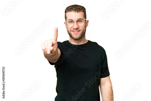 Young handsome blonde man over isolated chroma key background showing and lifting a finger