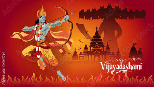   A festive greeting for Vijayadashami It features Lord Rama as a warrior drawing his bow with Ravana’s silhouette and a city skyline behind him Text reads Happy Vijayadashami