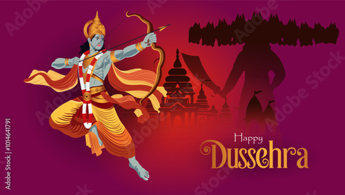   A festive Dussehra greeting featuring Lord Rama as a warrior drawing his bow Ravana's silhouette and a city skyline appear behind him Happy Dussehra is boldly displayed above 