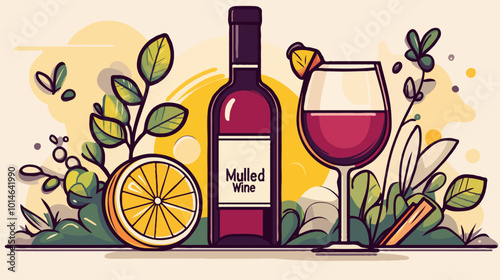 Mulled wine bottle with glass, citrus, and cinnamon illustration