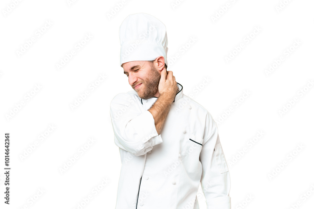 Young blonde man Chef over isolated chroma key background with neckache Young blonde man Chef over isolated chroma key background with neckache