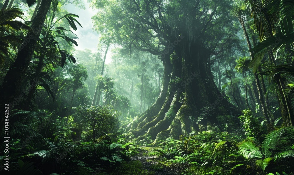 Obraz premium Lush rainforest with large tree roots.