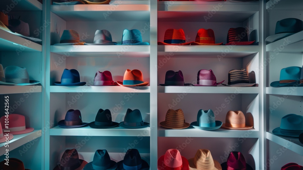 A colorful array of hats displayed on shelves, illuminated by soft lighting, creates a vibrant spectrum of textures and styles. A colorful array of hats displayed on shelves, illuminated by soft lighting, creates a vibrant spectrum of textures and styles.