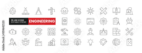 Set of 36 Engineering line icons set. Engineering outline icons with editable stroke collection. Includes Manufacturing, Software Engineer, Prototpye, Architect, Blueprint, and More.