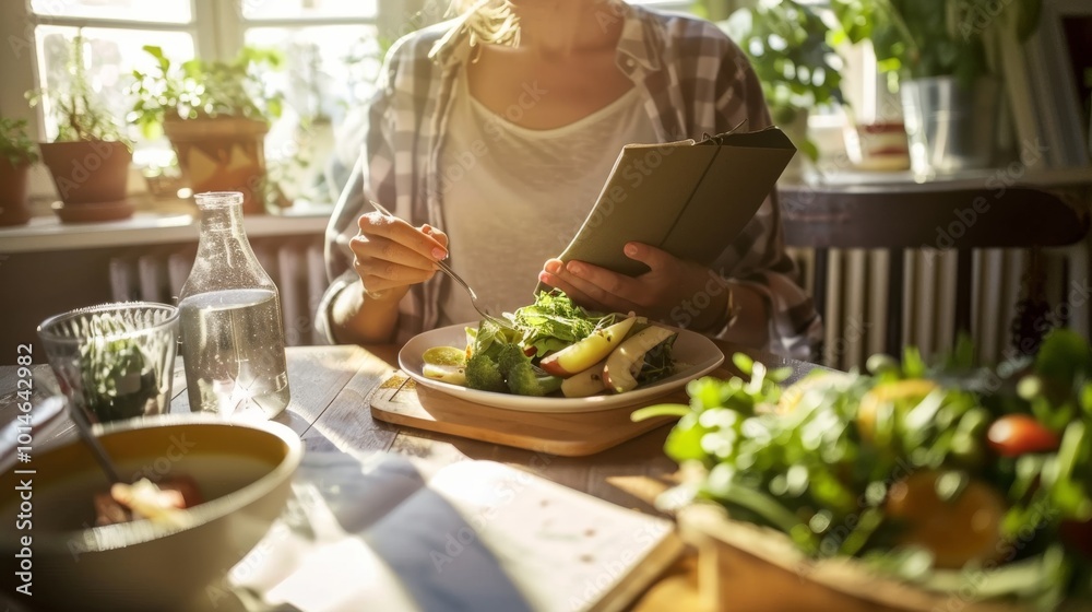 A woman enjoys a nutritious meal, reading under the golden sunlight in a cozy, plant-filled kitchen. A woman enjoys a nutritious meal, reading under the golden sunlight in a cozy, plant-filled kitchen.