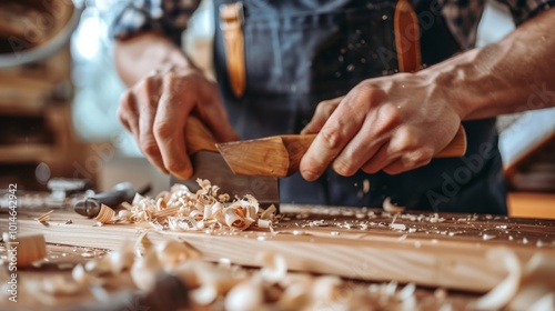 A skilled craftsman meticulously planes wood in a workshop, surrounded by wood shavings and tools, showcasing traditional handcraft.