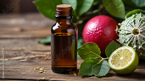 A bottle of bergamot essential oil is fresh bergamot fruit and leaves. Ai generative