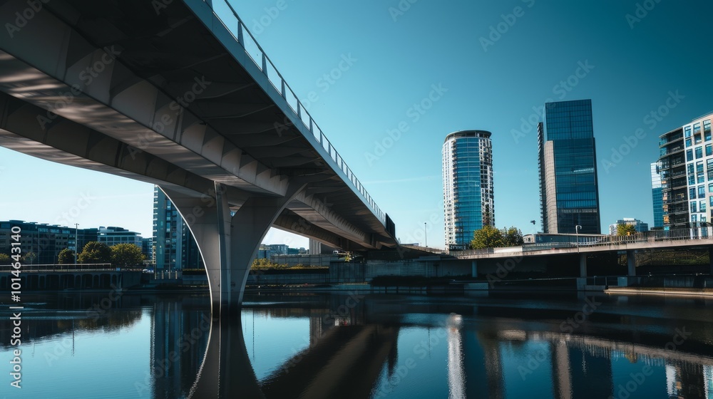 A sleek city bridge arches over a shimmering waterway, leading towards modern high-rise buildings under a crisp blue sky. A sleek city bridge arches over a shimmering waterway, leading towards modern high-rise buildings under a crisp blue sky.