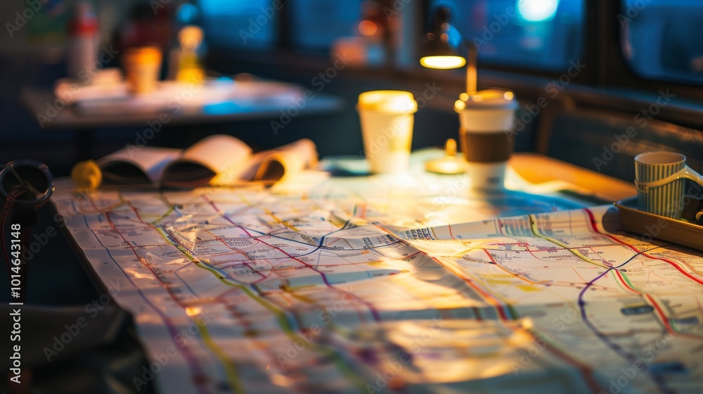 A warmly lit table cluttered with maps and coffee, inviting a contemplative pause in a cozy, intimate atmosphere. A warmly lit table cluttered with maps and coffee, inviting a contemplative pause in a cozy, intimate atmosphere.