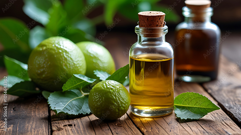 A bottle of bergamot essential oil is fresh bergamot fruit and leaves. Ai generative A bottle of bergamot essential oil is fresh bergamot fruit and leaves. Ai generative