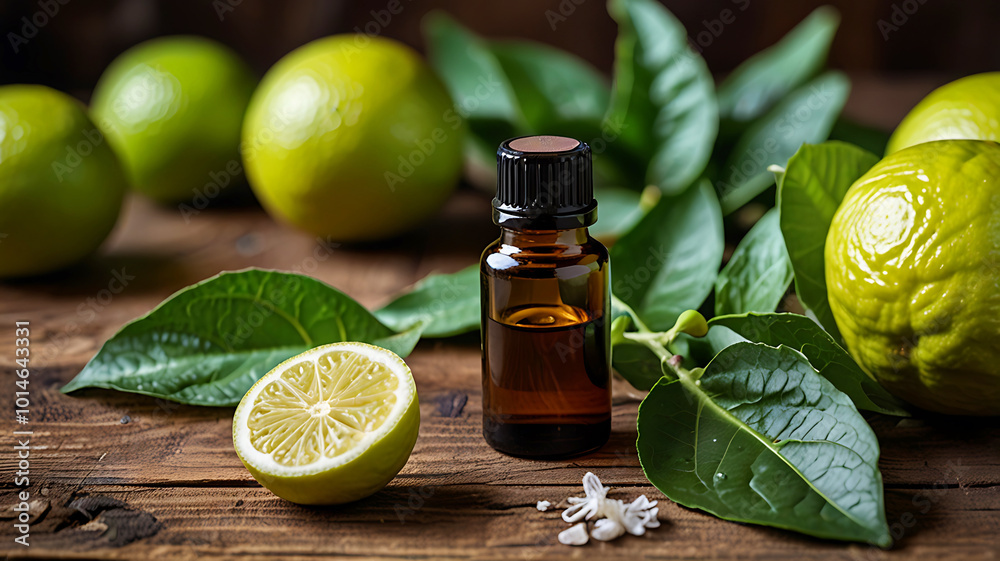 A bottle of bergamot essential oil is fresh bergamot fruit and leaves. Ai generative A bottle of bergamot essential oil is fresh bergamot fruit and leaves. Ai generative