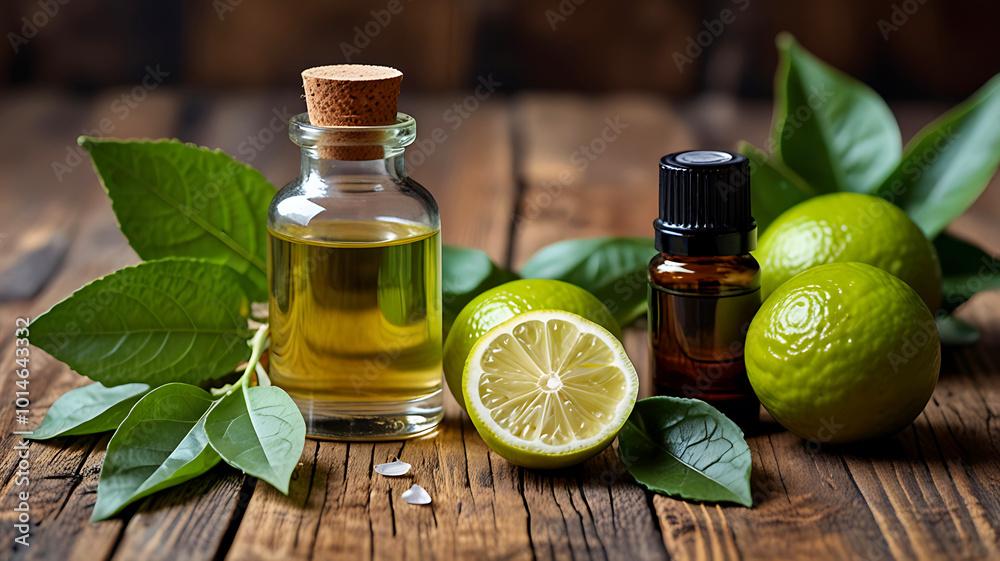A bottle of bergamot essential oil is fresh bergamot fruit and leaves. Ai generative A bottle of bergamot essential oil is fresh bergamot fruit and leaves. Ai generative
