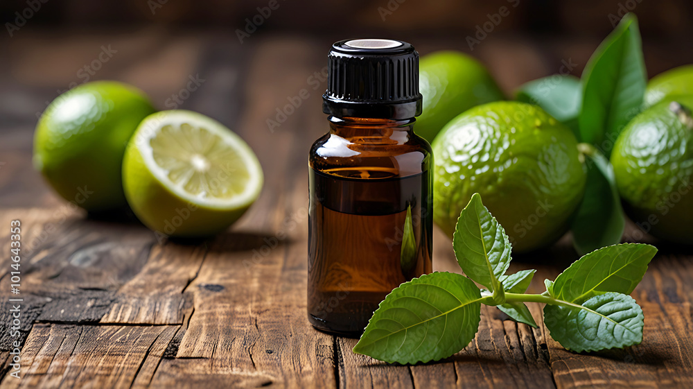 A bottle of bergamot essential oil is fresh bergamot fruit and leaves. Ai generative A bottle of bergamot essential oil is fresh bergamot fruit and leaves. Ai generative