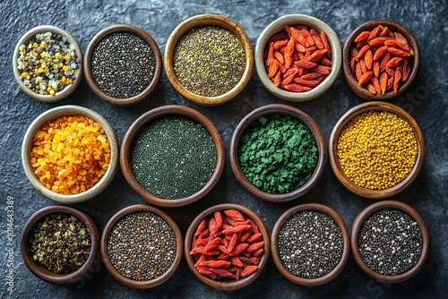 Overhead view of a variety of nutrient-dense superfoods - chia seeds, goji berries spirulina, and bee pollen