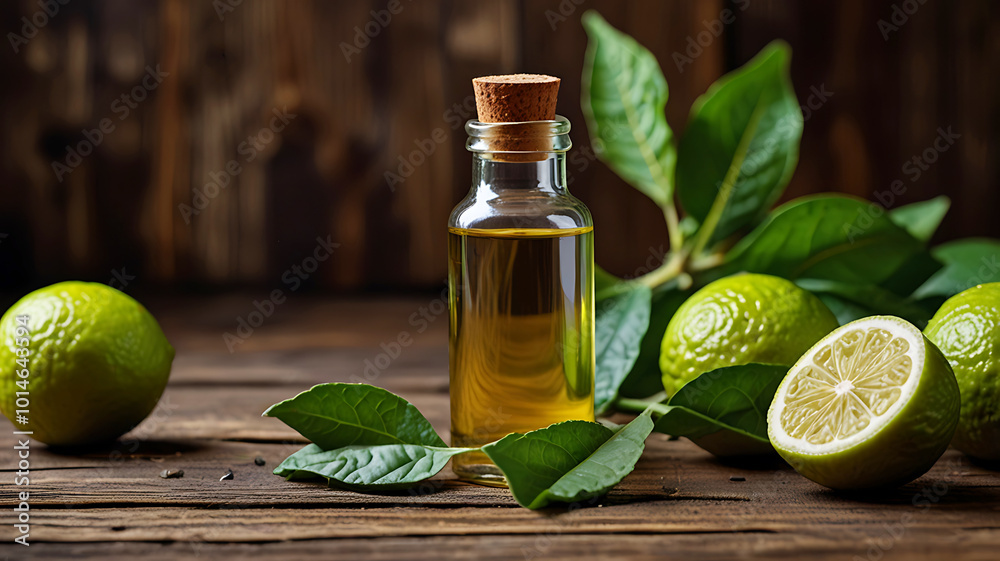 A bottle of bergamot essential oil is fresh bergamot fruit and leaves. Ai generative A bottle of bergamot essential oil is fresh bergamot fruit and leaves. Ai generative