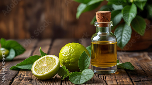 A bottle of bergamot essential oil is fresh bergamot fruit and leaves. Ai generative