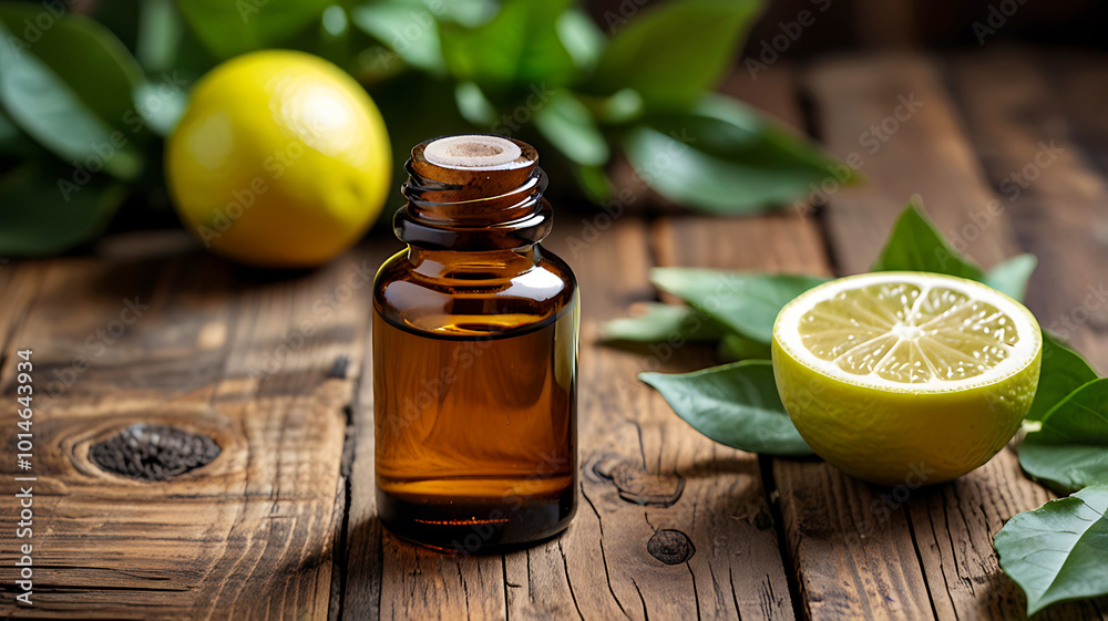 A bottle of bergamot essential oil is fresh bergamot fruit and leaves. Ai generative A bottle of bergamot essential oil is fresh bergamot fruit and leaves. Ai generative