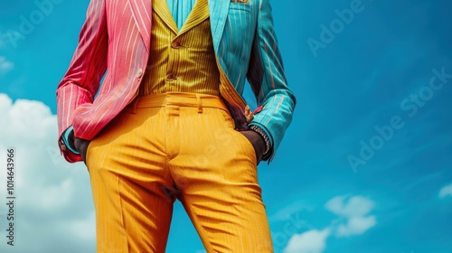 Close-up of person in stylish, multicolored ensemble for Transfiguration Sunday isolated on a soft sky blue background photo