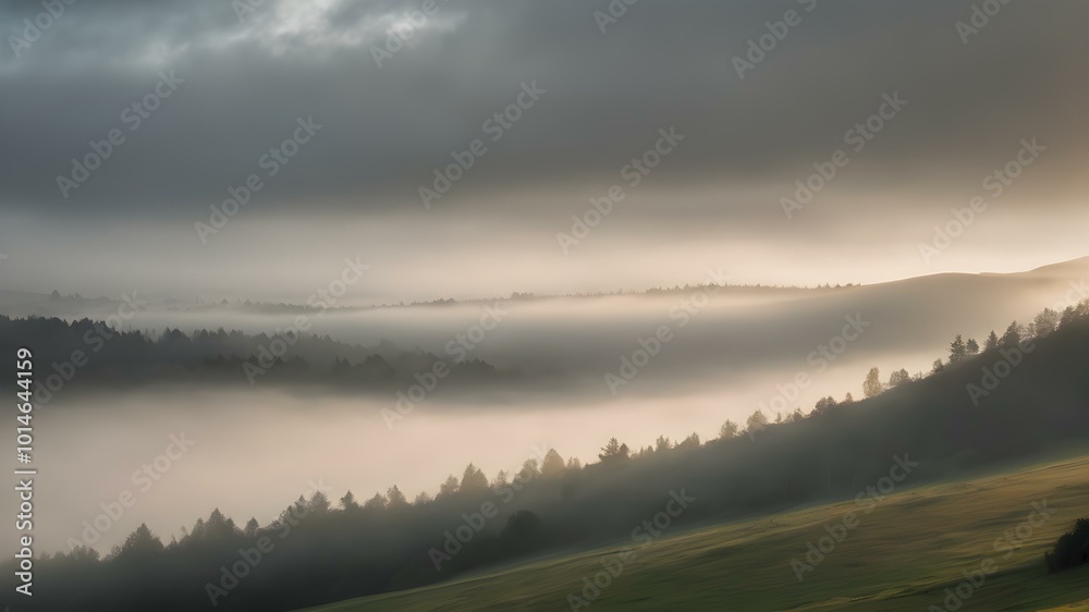 Obraz premium A soft, overcast sky with rolling fog moving across the landscape, creating a mysterious, dreamy atmosphere with light breaking through in soft beams
