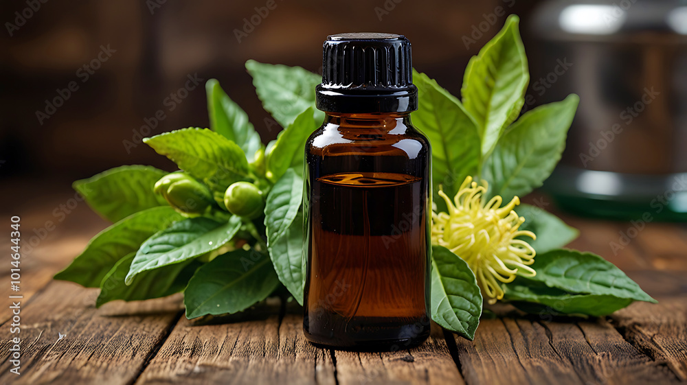 A bottle of bergamot essential oil is fresh bergamot fruit and leaves. Ai generative