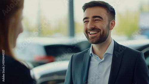 Smiling car dealership consultant advising client with cars in background 