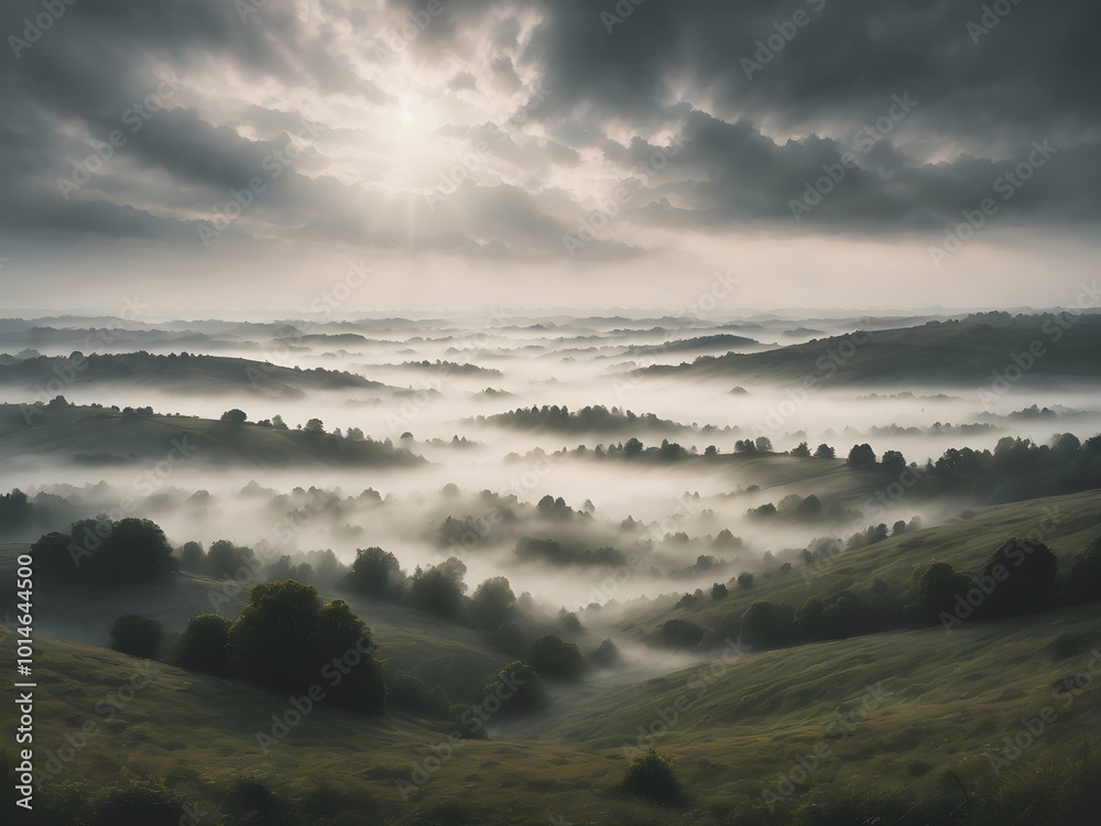 Obraz premium A soft, overcast sky with rolling fog moving across the landscape, creating a mysterious, dreamy atmosphere with light breaking through in soft beams