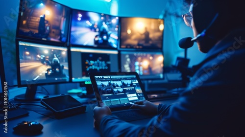 An individual, immersed in managing multiple screens, monitors security footage and communicates via headset in a dimly lit control room. photo