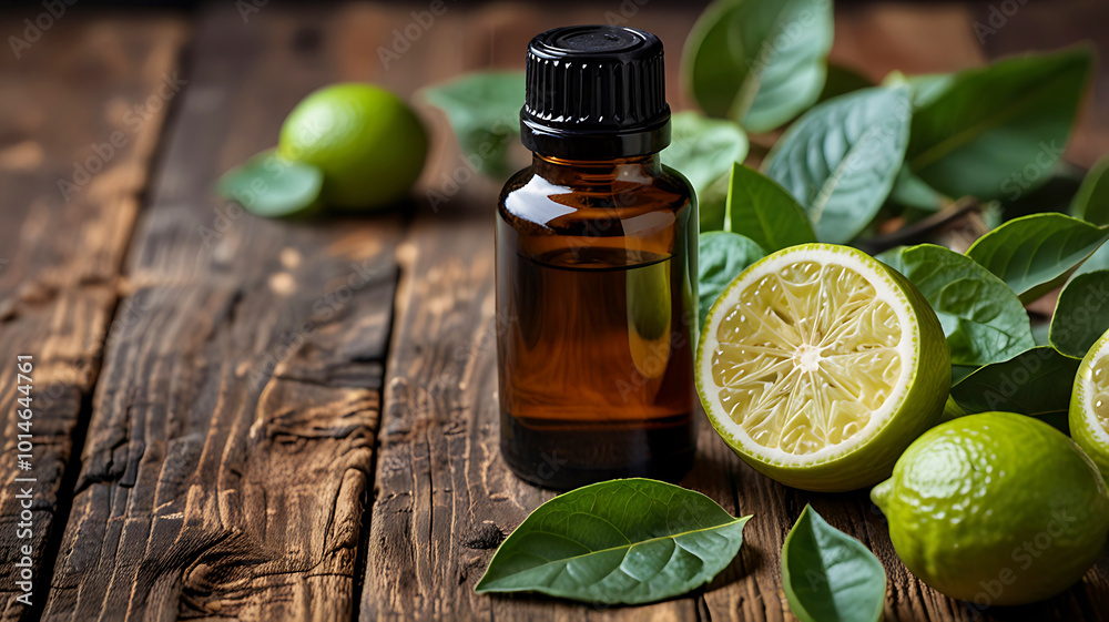 A bottle of bergamot essential oil is fresh bergamot fruit and leaves. Ai generative A bottle of bergamot essential oil is fresh bergamot fruit and leaves. Ai generative