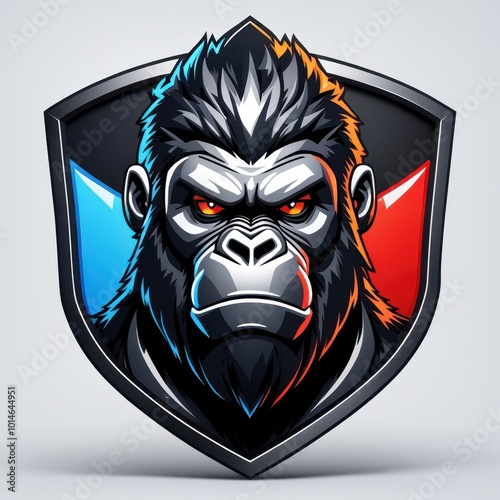 A stylized gorilla head emblem with intense expression and contrasting colors. photo