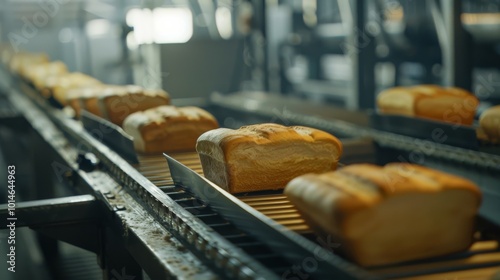 Golden loaves glide smoothly on a conveyor, embracing uniformity and precision in a bustling industrial bakery setting. photo