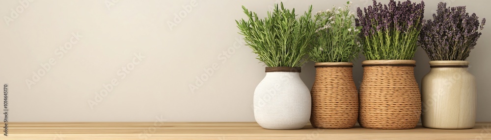 Fototapeta premium Natural healing workspace with dried herbs and organic materials, 3D illustration