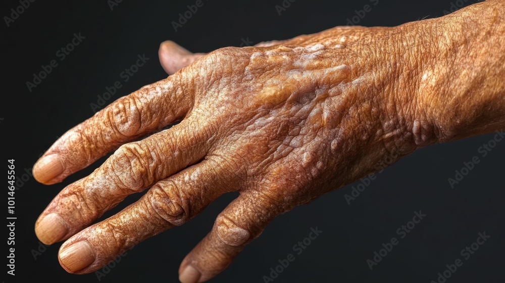Fototapeta premium Detailed close-up of a person's hand displaying symptoms of psoriasis, with raised scaly lesions