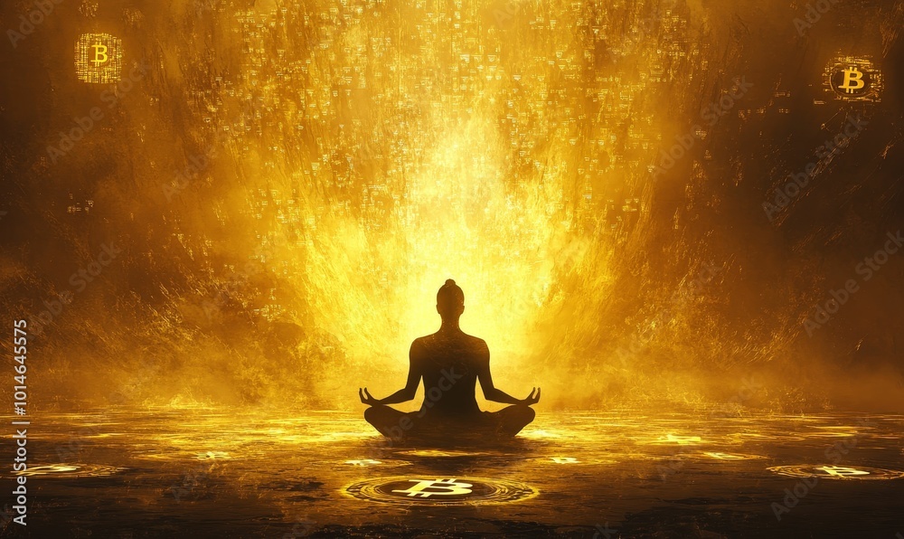 Silhouette meditating in golden Bitcoin sea. Silhouette meditating in golden Bitcoin sea.