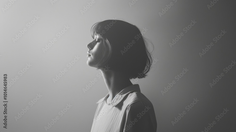 A monochrome side profile of a woman exudes a quiet elegance, her moment of introspection set against a soft, blurred backdrop. A monochrome side profile of a woman exudes a quiet elegance, her moment of introspection set against a soft, blurred backdrop.