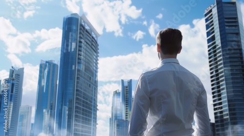 Admiring the skyscape, a man in a white shirt stands before towering skyscrapers under a dynamic, cloudy sky, embodying ambition and contemplation.