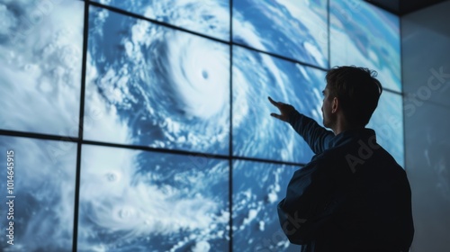 A person stands in front of a large display of swirling clouds, pointing towards a dramatic weather pattern visualized on multiple screens.