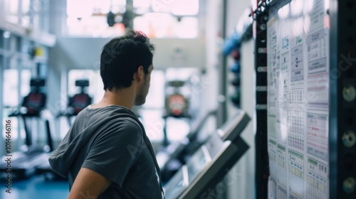 In a bright, modern gym, an individual studies a wall listing exercises, amidst neatly lined equipment, ready for a workout session.