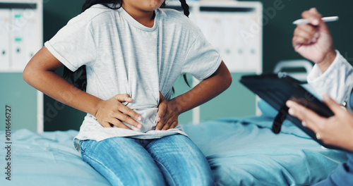 Foto Hands, girl and doctor with stomach pain on tablet or stylus pen for notes, information and diagnosis