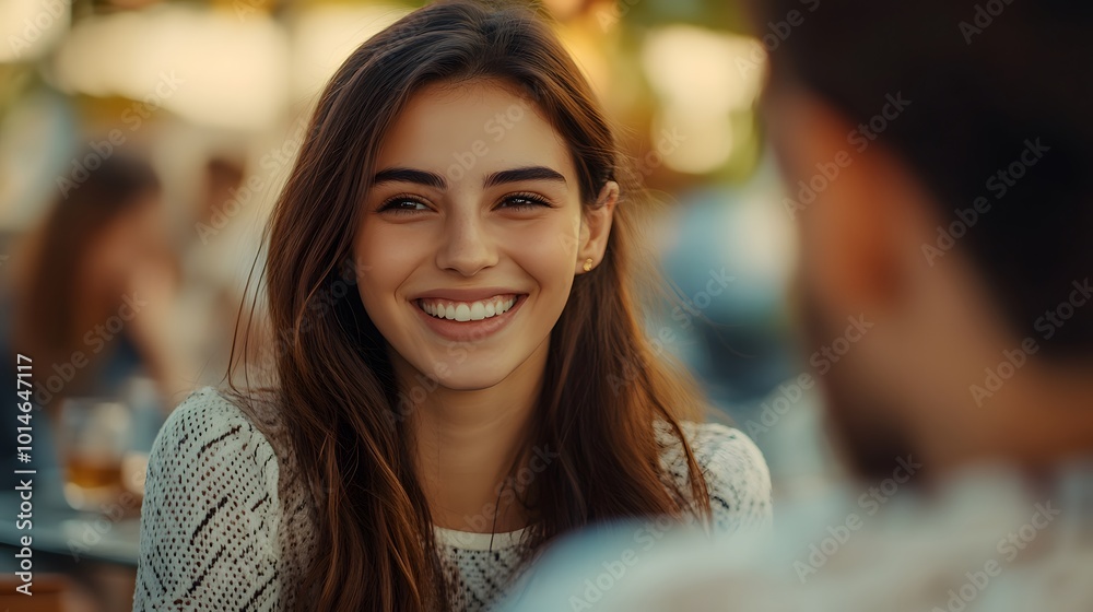 A Woman with Long Brown Hair Smiles Brightly at a Man A Woman with Long Brown Hair Smiles Brightly at a Man