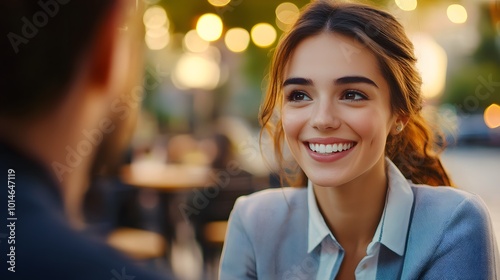 Woman Smiling and Looking at a Man in a Restaurant