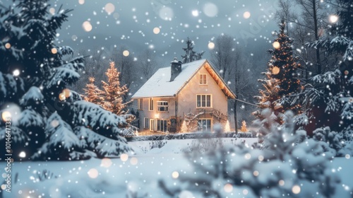 Enveloped in a golden glow, this snow-covered home stands in harmony with its wintry, pine-filled surroundings under a snowfall.