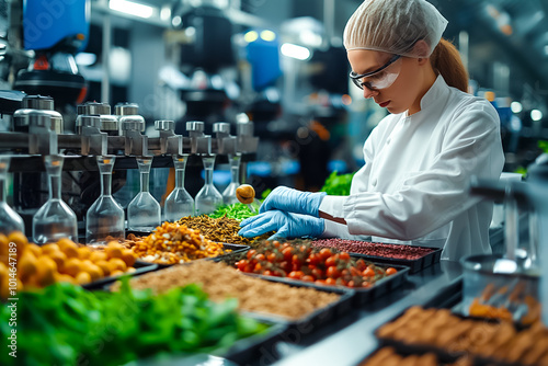 A diligent worker in a clean facility carefully sorts various fresh ingredients like nuts, greens, and fruits. Bright lights illuminate the workspace, showcasing the attention to detail photo