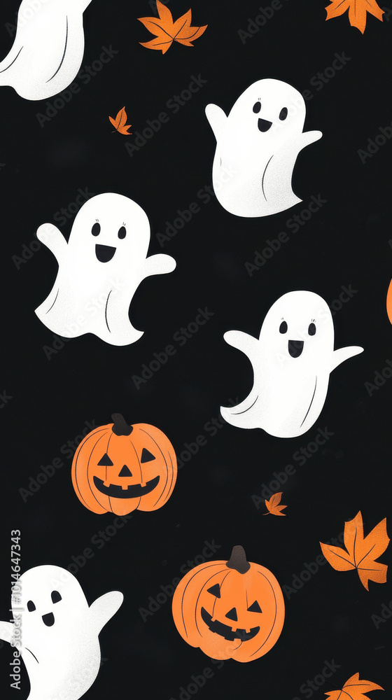 Cute whimsical ghosts on a black background create a playful Halloween pattern. The flat cartoon illustration is perfect for social media designs. minimalist style. Cute whimsical ghosts on a black background create a playful Halloween pattern. The flat cartoon illustration is perfect for social media designs. minimalist style.