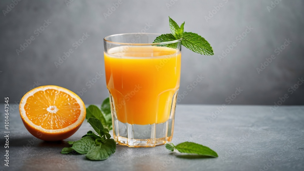 Fototapeta premium Chilled Orange Juice with Mint in Minimalist Setting