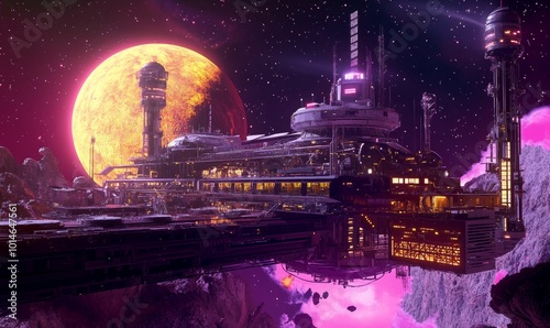 Fototapeta Naklejka Na Ścianę i Meble -  Futuristic space station orbits a planet.