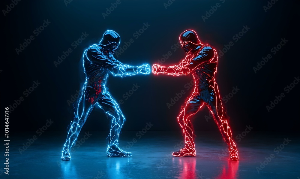 Fototapeta premium Epic clash of light and dark forces, showcasing a dramatic confrontation in a mystical landscape, rich colors, intense energy, captivating scene