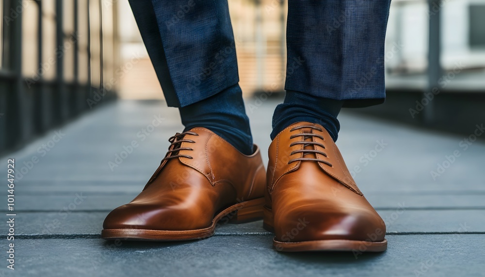 Close-up of Brown Leather Oxfords with Blue Socks and Suit Pants Close-up of Brown Leather Oxfords with Blue Socks and Suit Pants
