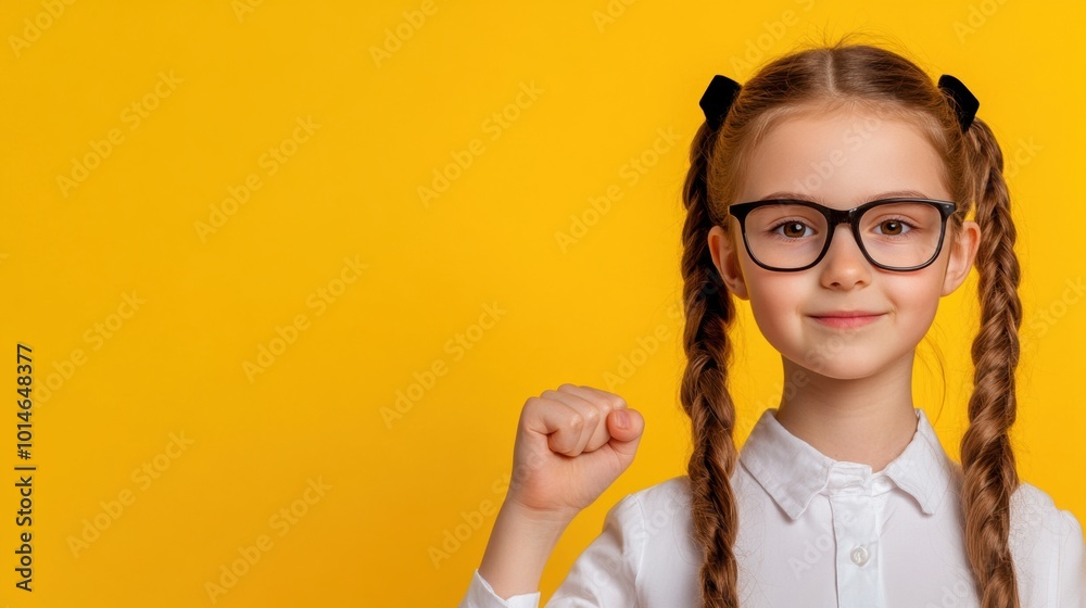 Young Girl with Braids and Glasses Against a Bright Yellow Background, AI Young Girl with Braids and Glasses Against a Bright Yellow Background, AI