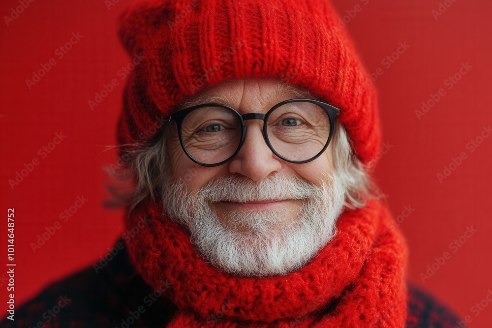 An elderly man is smiling joyfully, wearing a cozy red knitted hat and a matching scarf. His warm expression radiates happiness and friendliness, set against a vivid red backdrop typical of winter fes An elderly man is smiling joyfully, wearing a cozy red knitted hat and a matching scarf. His warm expression radiates happiness and friendliness, set against a vivid red backdrop typical of winter fes